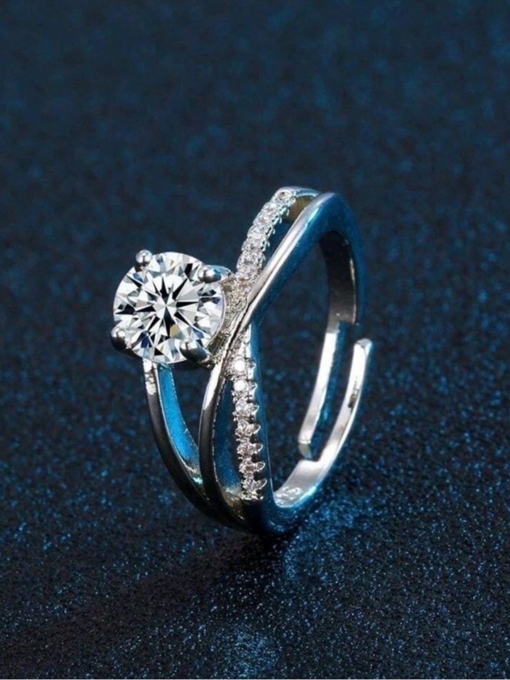 Moissanite Adjustable Silver-Tone Solitaire and Pavé Split Band Ring - White